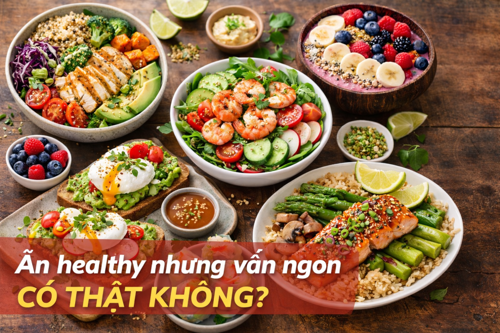 Hình ảnh thể hiện các món ăn healthy đa dạng và hấp dẫn như salad tươi, cá hồi áp chảo, avocado toast, smoothie bowl và các loại rau củ giàu dinh dưỡng. Bố cục hài hòa, màu sắc tươi sáng giúp truyền tải thông điệp rằng ăn uống lành mạnh không đồng nghĩa với nhàm chán, mà hoàn toàn có thể ngon miệng, đẹp mắt và phù hợp với lối sống hiện đại.
