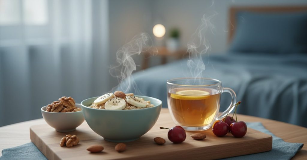 Hình ảnh minh họa một số thực phẩm giúp cải thiện giấc ngủ như chuối, sữa ấm và các loại hạt, trả lời câu hỏi ăn gì để dễ ngủ và có giấc ngủ ngon hơn mỗi đêm.