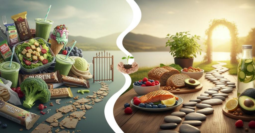 Bức ảnh một người đang chuẩn bị bữa ăn đầy đủ dinh dưỡng với các loại rau xanh, trái cây tươi ngon, thể hiện sự cam kết duy trì lối sống ăn healthy dài hạn để có sức khỏe bền vững.