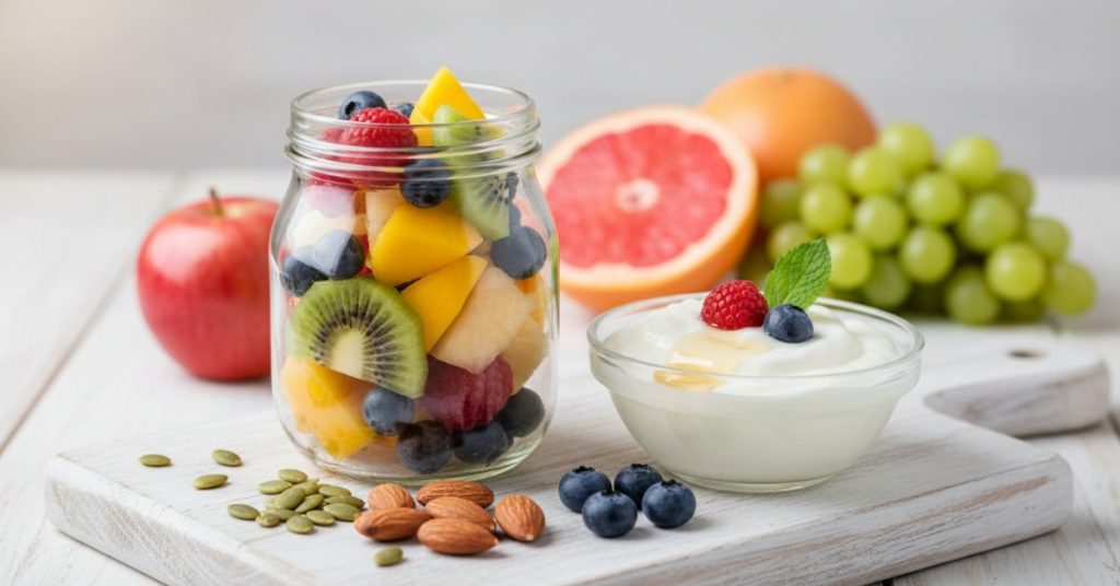 Một người phụ nữ đang chuẩn bị bữa ăn nhẹ với trái cây tươi và các loại hạt, minh họa cách dễ dàng để bắt đầu chế độ ăn ít đường hơn.