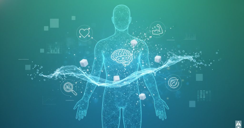 Hình ảnh một người phụ nữ trẻ khỏe mạnh đang mỉm cười và thưởng thức một món ăn lành mạnh, minh họa cho việc ăn ít đường có lợi gì đối với sức khỏe tổng thể, vóc dáng cân đối và năng lượng tràn đầy.