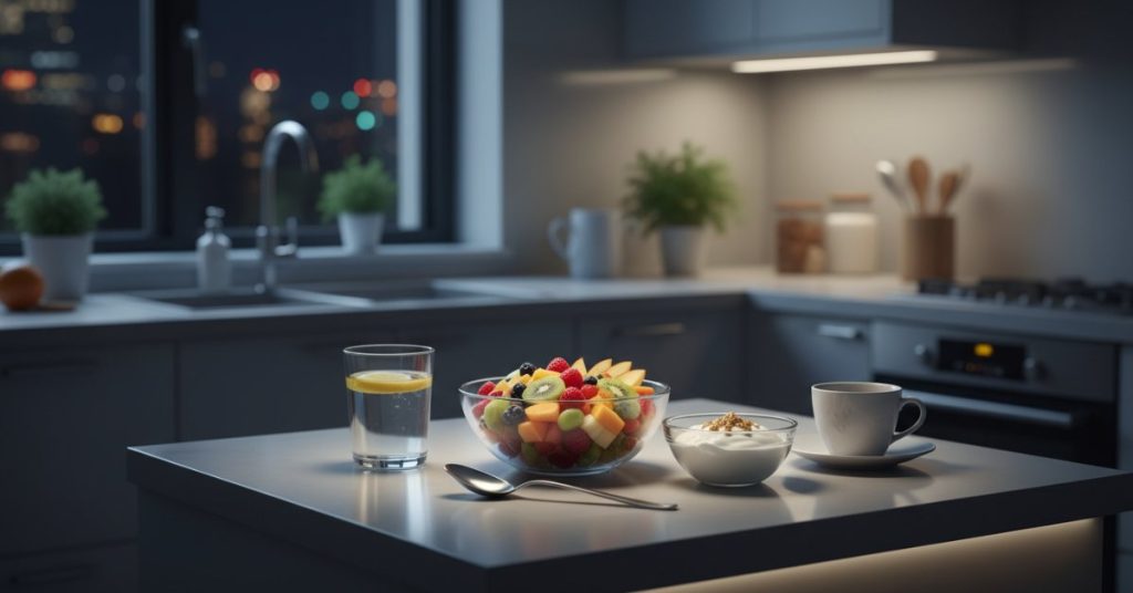 Hình ảnh một người đang thưởng thức bữa ăn nhẹ lành mạnh vào buổi tối muộn, với các món như sữa chua, hoa quả và hạt, minh họa cho câu hỏi "ăn khuya có béo không" và cách duy trì sức khỏe mà không lo tăng cân.