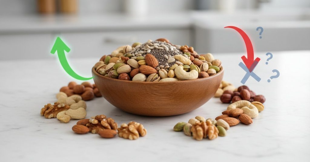 Hình ảnh một bát lớn chứa đa dạng các loại hạt dinh dưỡng như hạnh nhân, óc chó, hạt điều và hạt bí, đặt trên bàn gỗ, minh họa cho chủ đề liệu ăn nhiều hạt có tốt không và tác động của chúng đến sức khỏe.