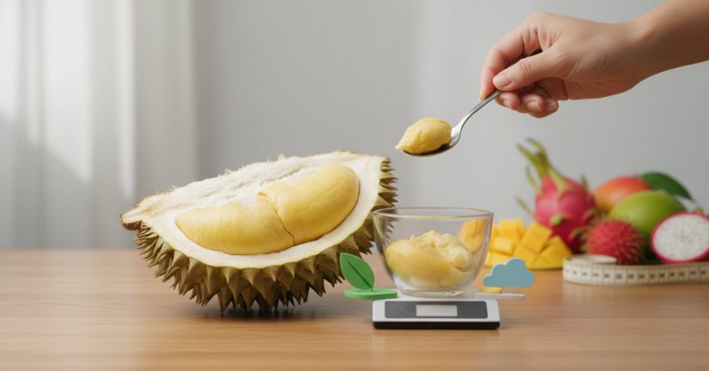 Hình ảnh một người đang thưởng thức miếng sầu riêng chín vàng thơm ngon, minh họa cách ăn sầu riêng vừa phải để không bị tăng cân, với vẻ mặt hài lòng và chú ý đến chế độ ăn uống lành mạnh.