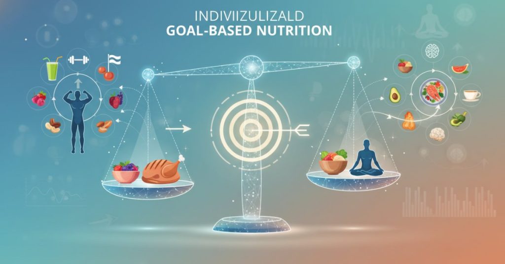 Hình ảnh đa dạng thực phẩm lành mạnh, từ rau củ quả đến protein, minh họa nguyên tắc ăn uống theo mục tiêu cá nhân. Chế độ dinh dưỡng được thiết kế riêng biệt để đáp ứng nhu cầu và mục tiêu sức khỏe khác nhau của mỗi người.