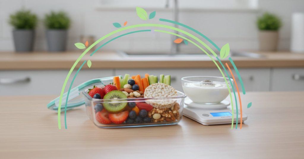 Hình ảnh một đĩa đầy ắp các loại trái cây tươi như dâu tây, việt quất và táo, kèm theo một bát hạt hỗn hợp như hạnh nhân, óc chó và hạt điều, cùng một ly sữa chua không đường. Đây là những gợi ý tuyệt vời cho câu hỏi ăn vặt gì không béo mà vẫn đảm bảo dinh dưỡng và giúp kiểm soát cân nặng một cách thông minh.