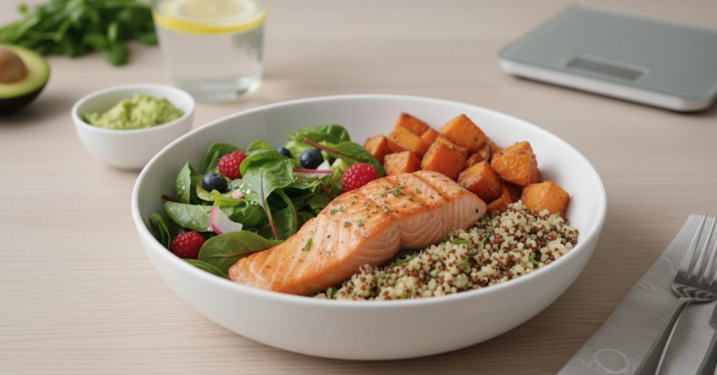 Hình ảnh một bữa ăn healthy cân bằng dinh dưỡng, bao gồm ức gà nướng, gạo lứt, rau xanh tươi và cà chua bi, cung cấp khoảng 400-500 kcal năng lượng.