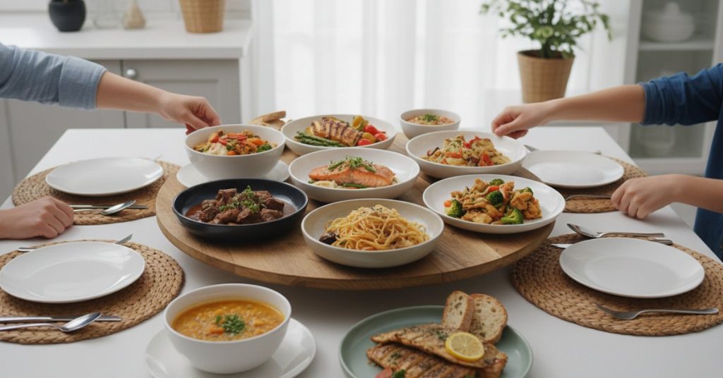 Hình ảnh một gia đình đang quây quần bên mâm cơm ấm cúng với nhiều món ăn đa dạng, tươi ngon. Bữa cơm gia đình này tượng trưng cho thực đơn 7 ngày không trùng món, mang lại niềm vui và dinh dưỡng cho mọi thành viên.