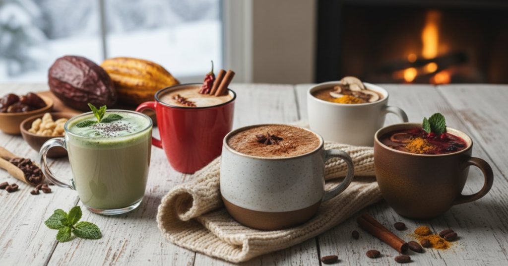 Hình ảnh 5 ly cacao healthy được pha chế theo nhiều công thức khác nhau, đặt trên bàn gỗ ấm cúng, thích hợp thưởng thức trong mùa đông.