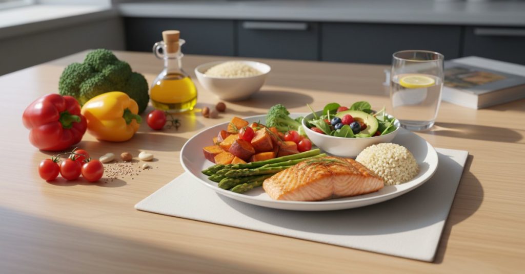 Ảnh minh họa một đĩa thức ăn đầy đủ các nhóm chất như rau xanh, protein từ thịt cá, tinh bột từ ngũ cốc và trái cây tươi, biểu trưng cho bữa ăn cân bằng dinh dưỡng lành mạnh.