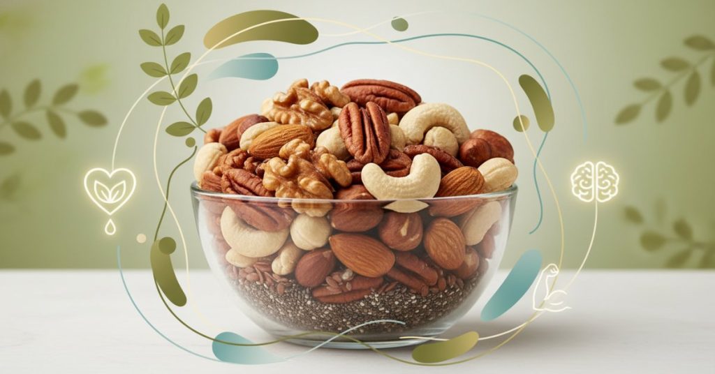 Một bát gỗ lớn chứa nhiều loại hạt dinh dưỡng như hạt óc chó, hạnh nhân, hạt điều và hạt bí xanh, minh họa rõ nét nguồn chất béo tốt tự nhiên, protein và khoáng chất dồi dào, giúp tăng cường sức khỏe tim mạch và cung cấp năng lượng bền vững cho cơ thể.