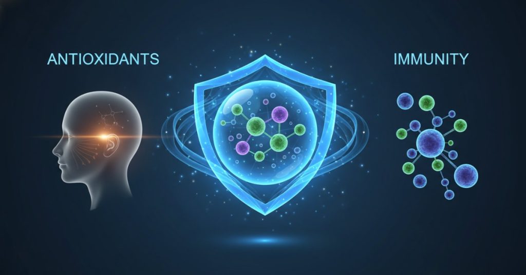 Hình ảnh minh họa một bộ sưu tập đa dạng các loại trái cây và rau củ quả tươi ngon, đầy màu sắc, tượng trưng cho nguồn cung cấp chất chống oxy hoá dồi dào, giúp chống lại lão hóa và tăng cường hệ miễn dịch cho cơ thể khỏe mạnh.