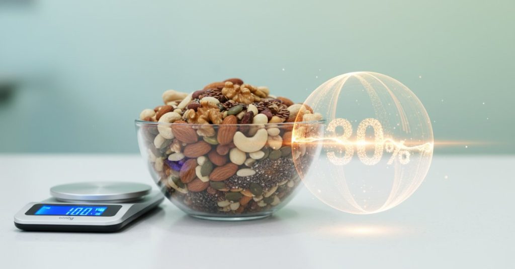 Hình ảnh minh họa các loại hạt dinh dưỡng như hạnh nhân, óc chó, hạt điều cùng với bảng thông tin chi tiết về chỉ số calo của hạt trong 100g, giúp người đọc dễ dàng tra cứu năng lượng.