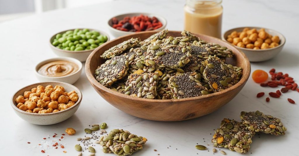 Ảnh minh họa công thức làm snack giàu protein từ hạt. Trong ảnh là tô lớn chứa hỗn hợp các loại hạt dinh dưỡng như hạt bí, hạt hướng dương, hạt chia và yến mạch, sẵn sàng để tạo thành những viên snack hấp dẫn.