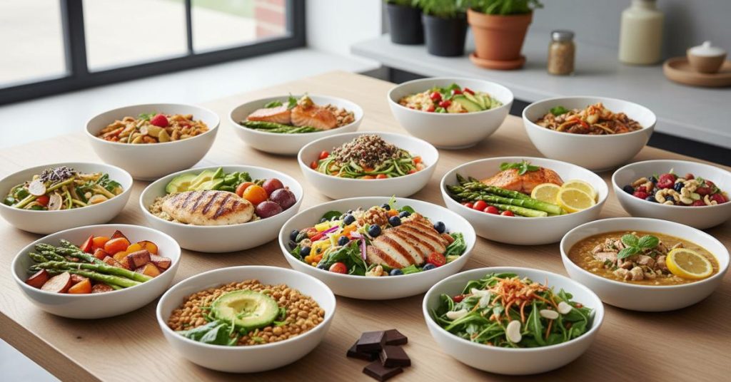 Hình ảnh tổng hợp 10 món ăn Eat Clean đơn giản, bổ dưỡng, phù hợp cho những người bận rộn, với các nguyên liệu tươi ngon và công thức eat clean dễ thực hiện.