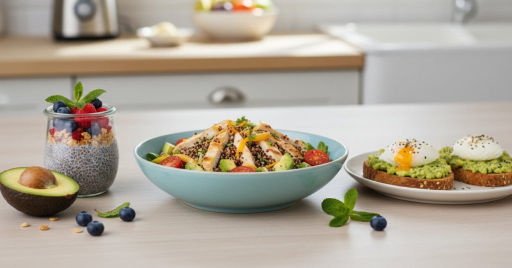 Hình ảnh ba món ăn healthy, tươi ngon được trình bày hấp dẫn, minh họa cho công thức healthy dễ làm chỉ với 10 phút chuẩn bị.