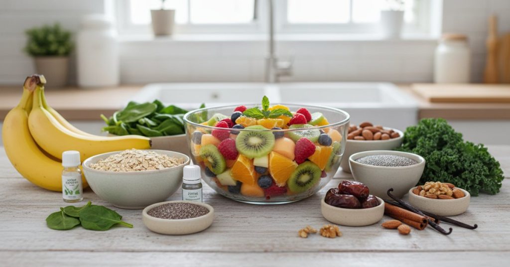 Hình ảnh món ăn hấp dẫn với nhiều màu sắc tươi sáng, được chế biến từ các nguyên liệu tự nhiên như rau củ quả tươi, thịt nạc và gia vị thảo mộc, minh họa cho công thức món ăn ít đường lành mạnh và bổ dưỡng.