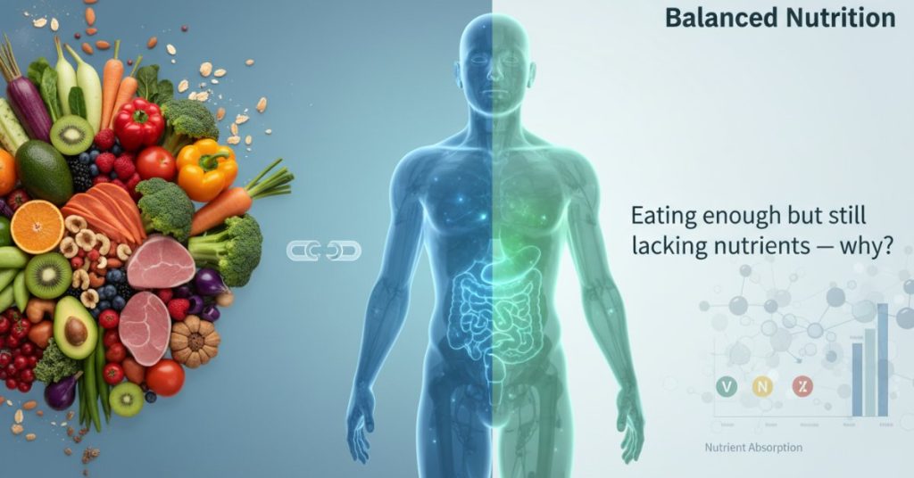 Hình ảnh minh họa một đĩa thức ăn đa dạng nhưng chưa chắc đã đảm bảo dinh dưỡng cân bằng, đặt ra câu hỏi vì sao ăn đủ mà vẫn thiếu chất.