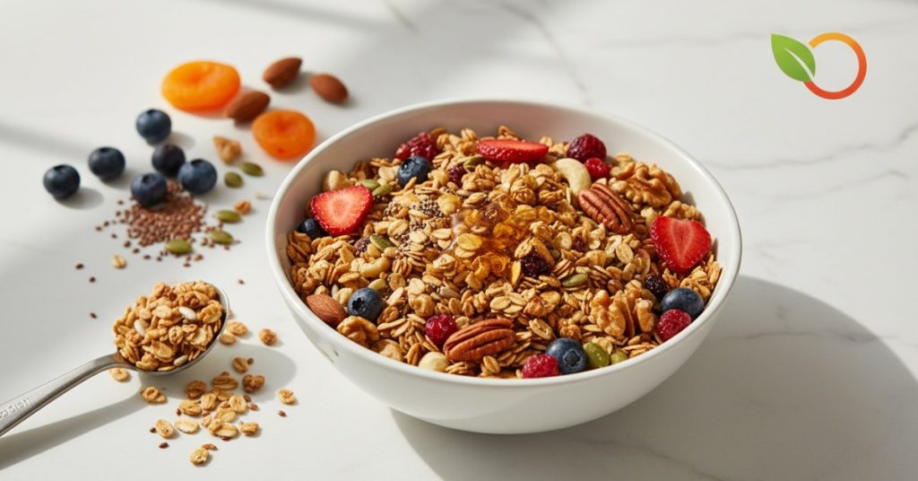Ảnh chụp cận cảnh một bát granola thơm ngon, đầy ắp yến mạch nướng giòn, các loại hạt dinh dưỡng như hạnh nhân, óc chó và hạt bí, cùng trái cây khô như nho và nam việt quất. Hình ảnh này minh họa rõ ràng giá trị dinh dưỡng granola, nhấn mạnh đây là một lựa chọn bữa sáng hoặc bữa ăn nhẹ bổ dưỡng và tràn đầy năng lượng.