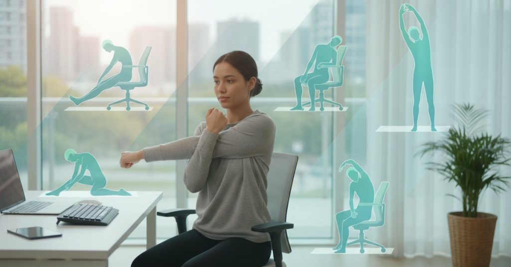 Hình ảnh một người đang thực hiện bài tập giãn cơ nhẹ nhàng tại bàn làm việc, giúp giảm đau mỏi khi ngồi lâu và cải thiện tư thế làm việc.