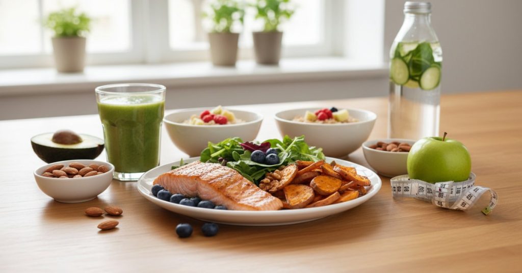 Hình ảnh một bữa ăn lành mạnh với nhiều rau xanh, ức gà và trái cây tươi, minh họa phương pháp ăn uống khoa học giúp giảm cân an toàn và hiệu quả.