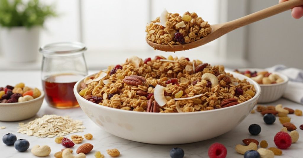 Hình ảnh cận cảnh một bát Granola tự làm giòn rụm, vàng óng với yến mạch, các loại hạt (hạnh nhân, óc chó), trái cây khô và mật ong, trình bày hấp dẫn.