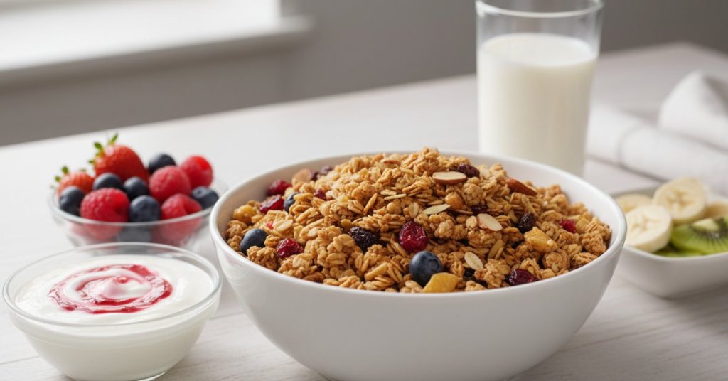 Một tô granola đầy màu sắc với sữa chua, dâu tây, việt quất và hạt chia, minh họa những cách sáng tạo để trả lời câu hỏi granola ăn với gì mà không bị ngán.