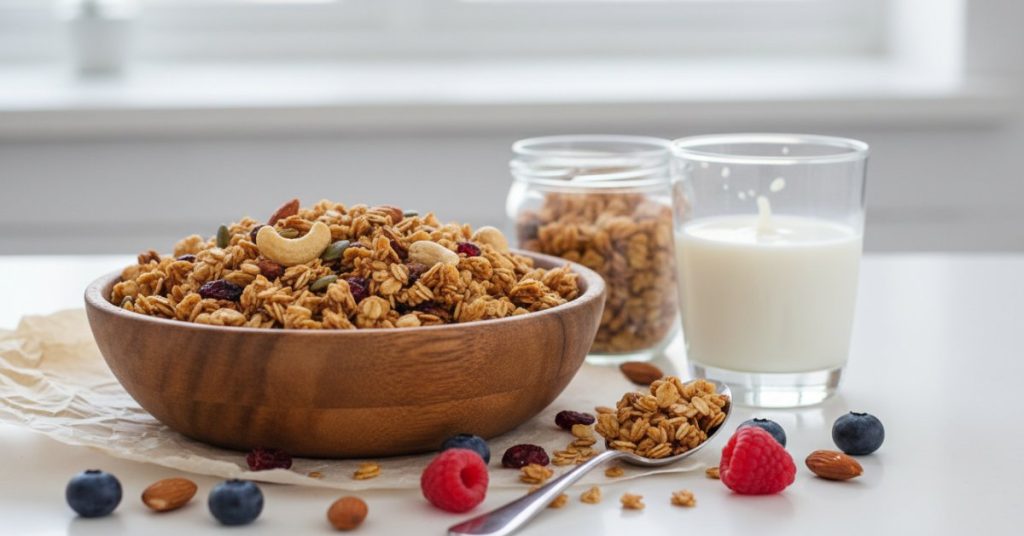 Hình ảnh cận cảnh một bát granola tự làm ít đường, giòn rụm với màu vàng nâu hấp dẫn, được trang trí thêm các loại hạt, trái cây khô và sữa chua, gợi lên một bữa sáng lành mạnh và ngon miệng.