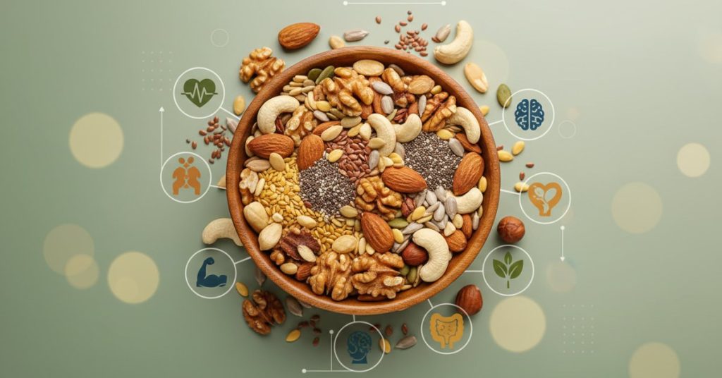 Một tô gỗ chứa đầy các loại hạt dinh dưỡng đa dạng như hạt điều, hạnh nhân, óc chó và hạt bí, được sắp xếp đẹp mắt trên nền gỗ, thể hiện sự phong phú và lợi ích sức khỏe của chúng.