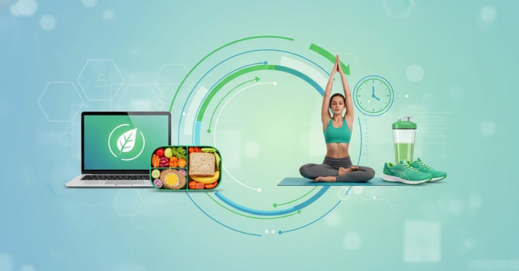 Hình ảnh một người đang làm việc trên laptop, bên cạnh là một ly nước detox và đĩa trái cây tươi, thể hiện cách cân bằng cuộc sống bận rộn với chế độ ăn uống lành mạnh. Đây chính là ví dụ minh họa rõ nét cho câu hỏi healthy lifestyle là gì trong thực tế.