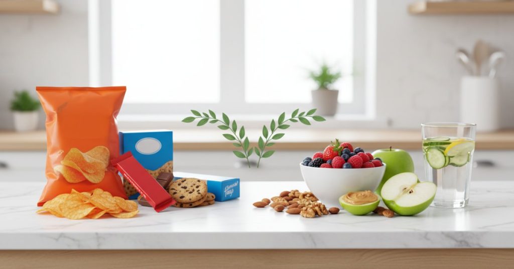 Hình ảnh minh họa một đĩa đa dạng các loại healthy snack tươi ngon như trái cây cắt lát, các loại hạt và rau củ, tượng trưng cho sự lựa chọn lành mạnh thay thế đồ ăn vặt công nghiệp.