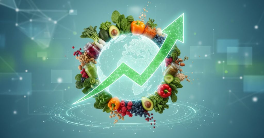 Một khu chợ thực phẩm tươi sống với nhiều loại rau củ quả hữu cơ và sản phẩm tốt cho sức khỏe, minh họa cho sự tăng trưởng ổn định của HealthyFood Market trên toàn cầu.