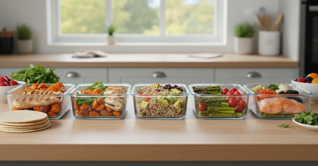 Hình ảnh nhiều hộp đựng đồ ăn chuẩn bị sẵn với các món ăn lành mạnh cho 3 ngày, bao gồm rau xanh tươi, ức gà nướng và hạt quinoa, minh họa cho phương pháp meal prep healthy tiết kiệm thời gian hiệu quả.