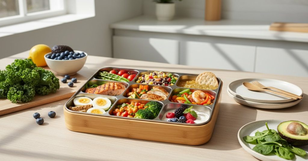 Hình ảnh tổng hợp các món healthy giảm cân ngon miệng và dễ làm, bao gồm salad rau xanh, ức gà luộc, trứng luộc, yến mạch và trái cây tươi, sắp xếp gọn gàng minh họa cho thực đơn eat clean 7 ngày dành cho người mới bắt đầu.