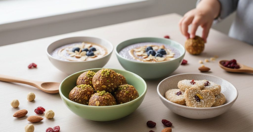 Hình ảnh một đĩa thức ăn tổng hợp đồ ăn healthy cho trẻ em, bao gồm các loại hạt dinh dưỡng như hạt điều, hạnh nhân, cùng với trái cây tươi và sữa chua, tạo thành một bữa ăn nhẹ bổ dưỡng và hấp dẫn cho bé.