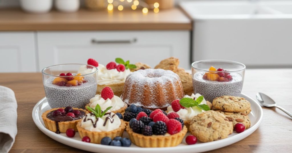 Một bàn tiệc với nhiều loại bánh và đồ ngọt ít đường được trang trí đẹp mắt, bao gồm bánh quy, cupcake và các món tráng miệng khác, phù hợp cho dịp lễ.