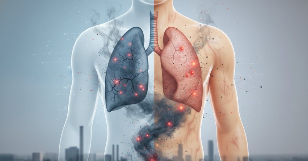 Hình ảnh minh họa một người đang ho và có biểu hiện kích ứng da, cho thấy rõ ô nhiễm không khí hại gì đến phổi và làn da con người, với bối cảnh thành phố ô nhiễm khói bụi.