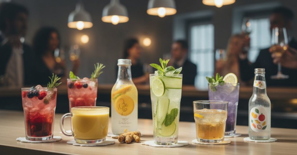 Hình ảnh minh họa các loại đồ uống ít đường đa dạng, được trang trí đẹp mắt với trái cây tươi, phù hợp làm lựa chọn lành mạnh và sảng khoái cho các bữa tiệc.