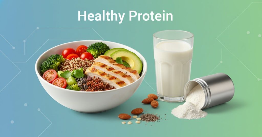 Hình ảnh một bữa ăn cân đối với nhiều thực phẩm giàu Protein tốt cho sức khỏe như thịt cá, trứng, rau xanh, phù hợp cho người muốn tìm hiểu về chế độ ăn uống lành mạnh dù không tập thể dục thường xuyên.