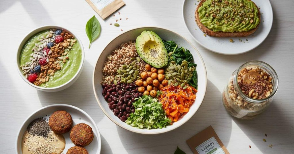 Hình ảnh minh họa 5 món ăn ngon miệng, bổ dưỡng được chế biến từ các loại hạt, cung cấp nguồn protein từ hạt dồi dào. Các món ăn như salad hạt, sữa hạt, cháo hạt và bánh năng lượng từ hạt giúp bổ sung protein thực vật hiệu quả.