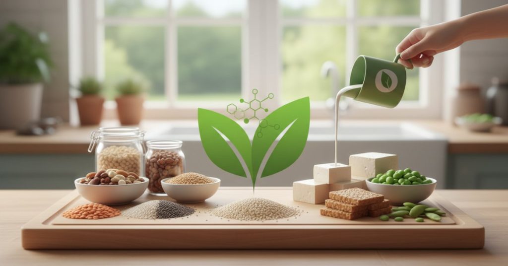 Bát salad đầy màu sắc với các nguồn protein từ thực vật như đậu lăng, đậu gà, hạt quinoa và rau xanh tươi, minh họa bữa ăn cân bằng.