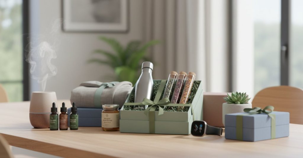 Hình ảnh hộp quà tặng sức khỏe cao cấp với các sản phẩm như trà thảo mộc, mật ong và thực phẩm chức năng được sắp xếp tinh tế, phù hợp làm quà biếu dịp cuối năm.