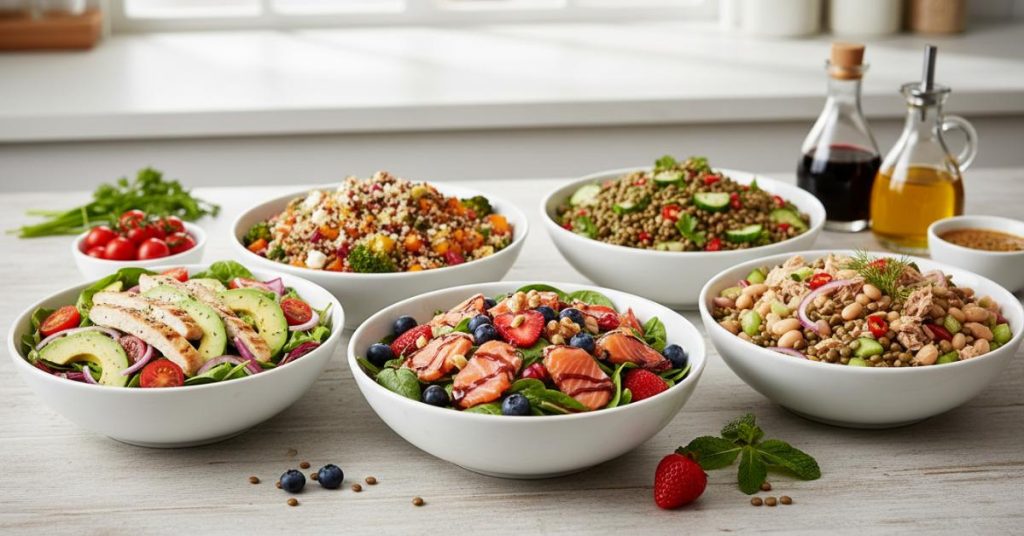 Hình ảnh tổng hợp 5 món salad giảm cân đầy màu sắc và hấp dẫn, bao gồm nhiều loại rau xanh tươi, thịt gà, tôm và các loại hạt, được trình bày đẹp mắt trên bàn ăn, gợi ý cho bữa ăn lành mạnh và ngon miệng.