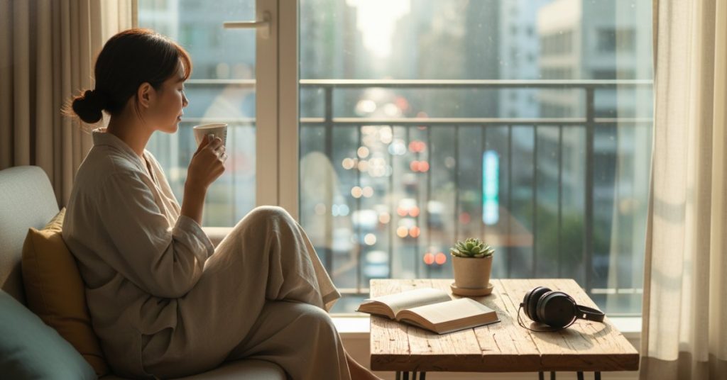 sống chậm là gì được minh họa qua hình ảnh một người phụ nữ ngồi thiền định yên bình trên bãi cỏ xanh mướt trong công viên, phía xa là khung cảnh thành phố bận rộn, hối hả. Bức ảnh thể hiện sự cân bằng và tìm kiếm bình yên giữa nhịp sống hiện đại.