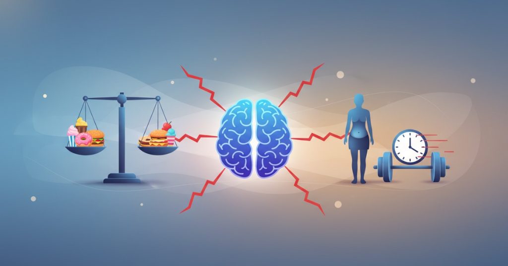 Hình ảnh một người đang thể hiện sự lo lắng, căng thẳng, với các yếu tố trực quan gợi ý về cân nặng, minh họa cách Stress ảnh hưởng đến vóc dáng và sức khỏe.