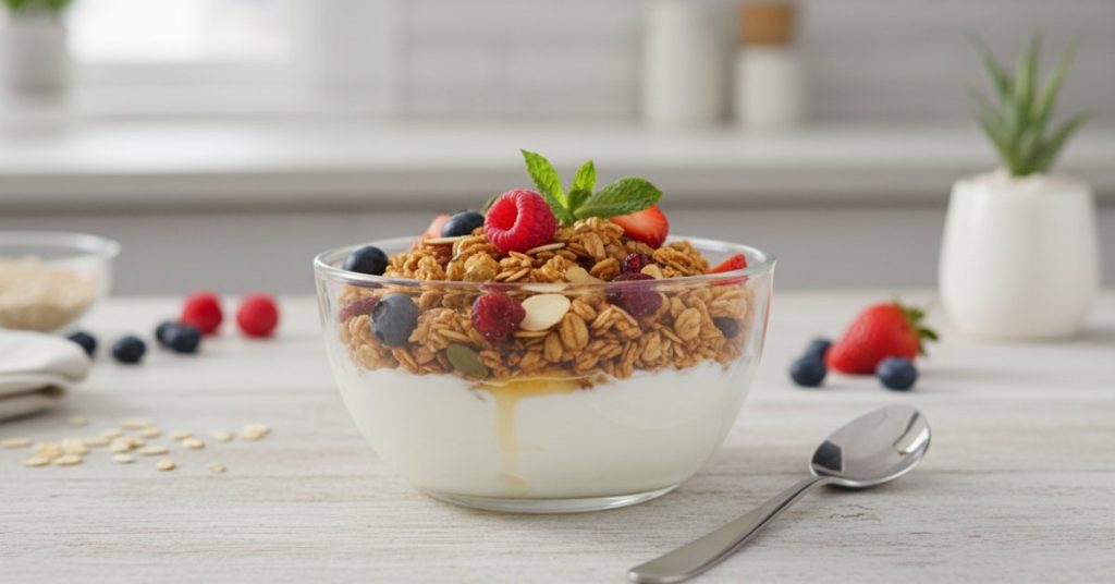 Một bát sữa chua granola hấp dẫn với lớp sữa chua trắng mịn, phía trên rải đều granola giòn rụm và vài lát trái cây tươi mọng, đặt trên bàn gỗ. Món ăn này là lựa chọn tuyệt vời cho bữa sáng hoặc bữa phụ lành mạnh.