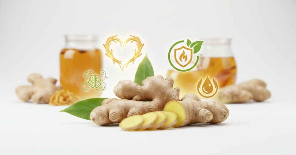 Ảnh mô tả củ gừng tươi nguyên củ và cắt lát, minh họa các tác dụng củ gừng đối với sức khỏe con người.