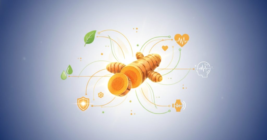 Hình ảnh củ nghệ tươi và bột nghệ vàng ươm đặt trên đĩa gỗ, làm nổi bật những tác dụng của nghệ trong việc cải thiện sức khỏe con người và các món ăn bổ dưỡng từ nghệ.