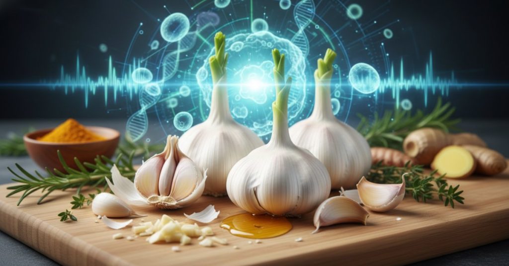 Hình ảnh cận cảnh những tép tỏi tươi nguyên và một củ tỏi chưa bóc vỏ, minh họa rõ nét về các tác dụng của tỏi đối với sức khỏe con người, đặc biệt là khả năng kháng khuẩn và tăng cường miễn dịch.