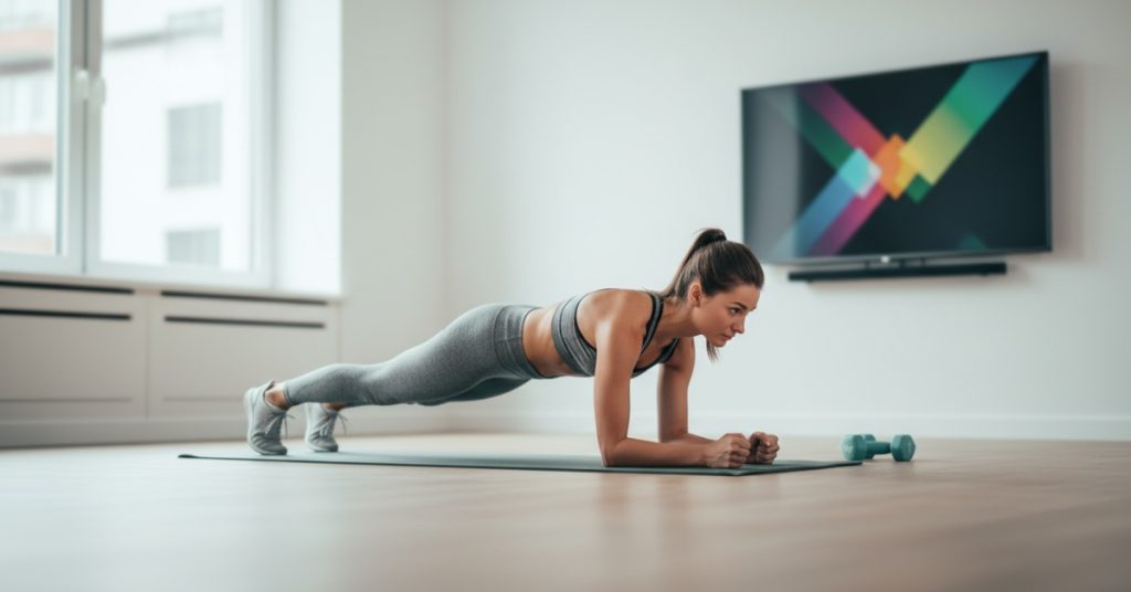 Một người phụ nữ trẻ đang thực hiện bài tập plank trên thảm yoga trong phòng khách, minh họa cho việc tập luyện tại nhà hiệu quả và tiện lợi. Cô ấy mặc đồ thể thao màu xám, khuôn mặt tập trung vào động tác.